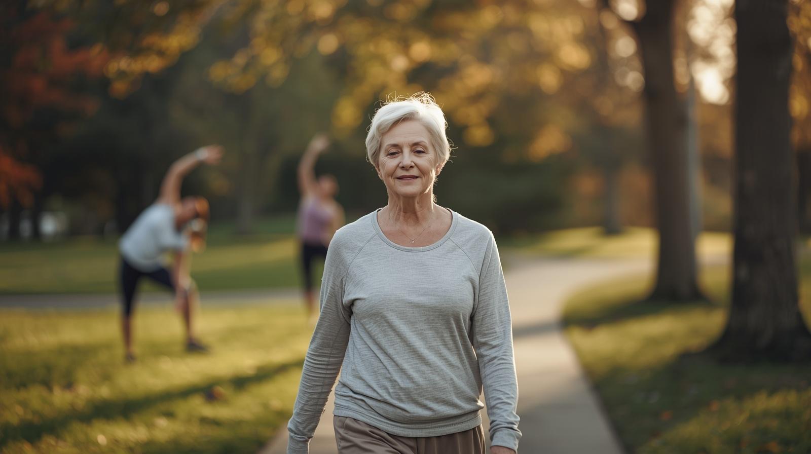 Woman peacefully walking after mindfulness gathering surrounded by warm morning community wellness atmosphere.